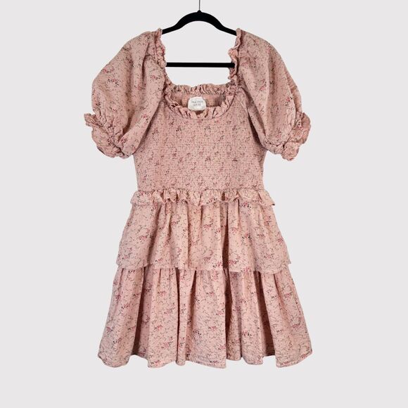 Hyacinth House Womens Dress Beige Mini Floral Smocked Ruffle Puffed A Line Large - Picture 2 of 12